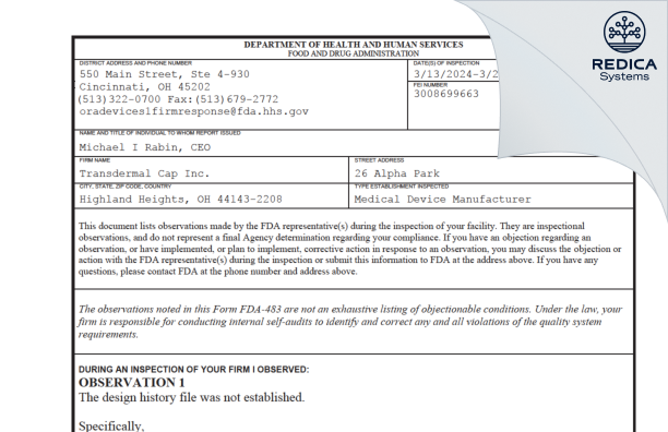 FDA 483 - Transdermal Cap Inc. [Cleveland / United States of America] - Download PDF - Redica Systems