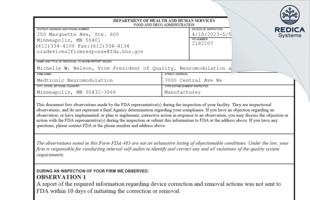 FDA 483 - Medtronic Neuromodulation [Minneapolis / United States of America] - Download PDF - Redica Systems