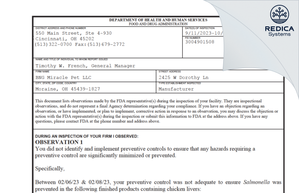 FDA 483 - BNG Miracle Pet LLC [Moraine / United States of America] - Download PDF - Redica Systems