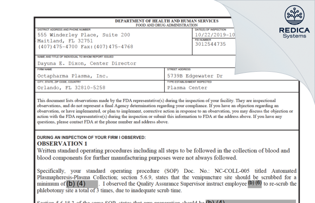 FDA 483 - Octapharma Plasma, Inc. [Orlando / United States of America] - Download PDF - Redica Systems