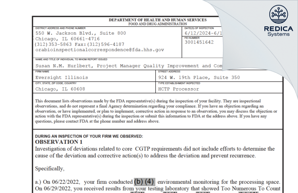 FDA 483 - Eversight Illinois [Chicago / United States of America] - Download PDF - Redica Systems