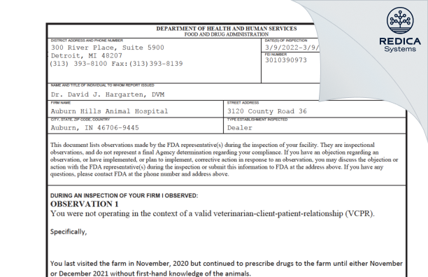 FDA 483 - Auburn Hills Animal Hospital [Auburn / United States of America] - Download PDF - Redica Systems