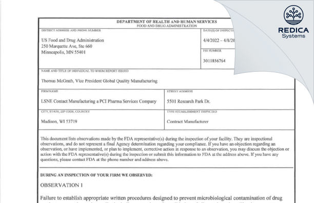 FDA 483 - LSNE-Madison, LLC [Madison / United States of America] - Download PDF - Redica Systems