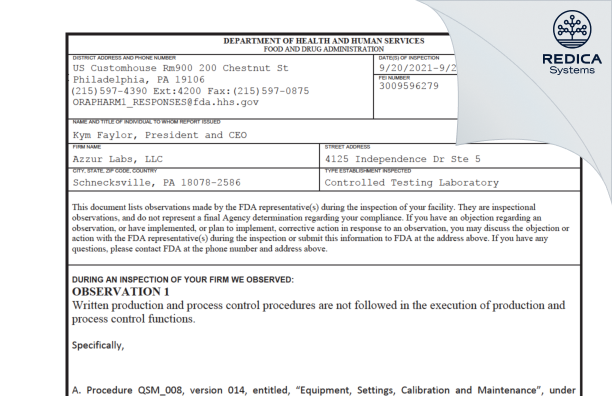 FDA 483 - AZZUR LABS, LLC [Schnecksville / United States of America] - Download PDF - Redica Systems