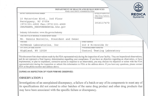 FDA 483 - ULTRA-tab Laboratories, Inc. [Highland / United States of America] - Download PDF - Redica Systems