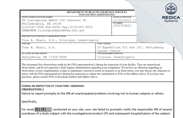 FDA 483 - Tina A. Khair, D.O. [Gettysburg / United States of America] - Download PDF - Redica Systems