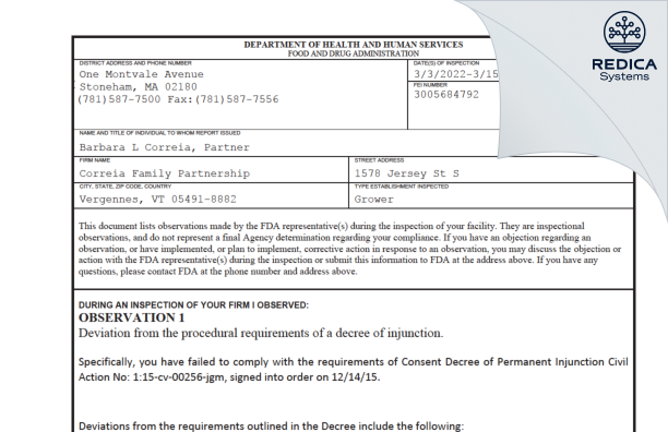 FDA 483 - Correia Family Limited Partnership [Vergennes / United States of America] - Download PDF - Redica Systems