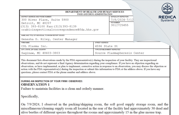 FDA 483 - CSL Plasma, Inc. [Saginaw / United States of America] - Download PDF - Redica Systems