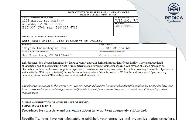 FDA 483 - iRhythm Technologies Inc [San Francisco / United States of America] - Download PDF - Redica Systems