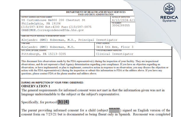 FDA 483 - Alejandro (NMI) Hoberman, M.D. [Pittsburgh / United States of America] - Download PDF - Redica Systems