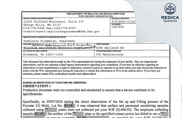 FDA 483 - FUJIFILM Wako Chemicals U.S.A. Corporation [North Chesterfield / United States of America] - Download PDF - Redica Systems