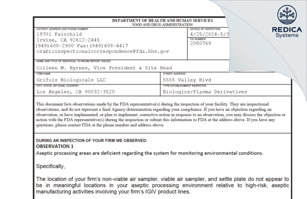 FDA 483 - Grifols Biologicals LLC [Los Angeles / United States of America] - Download PDF - Redica Systems