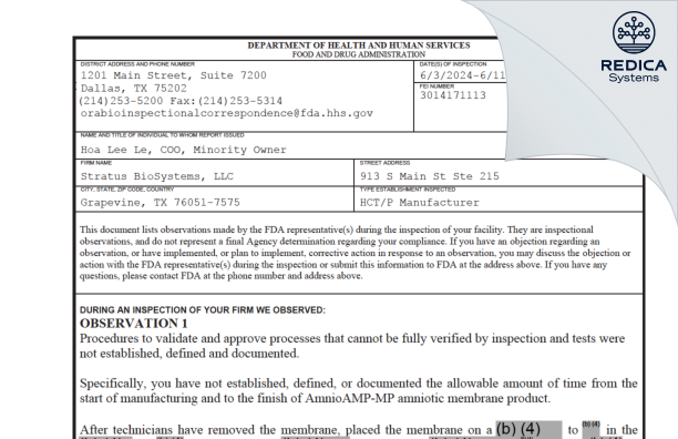 FDA 483 - Stratus BioSystems, LLC [Grapevine / United States of America] - Download PDF - Redica Systems