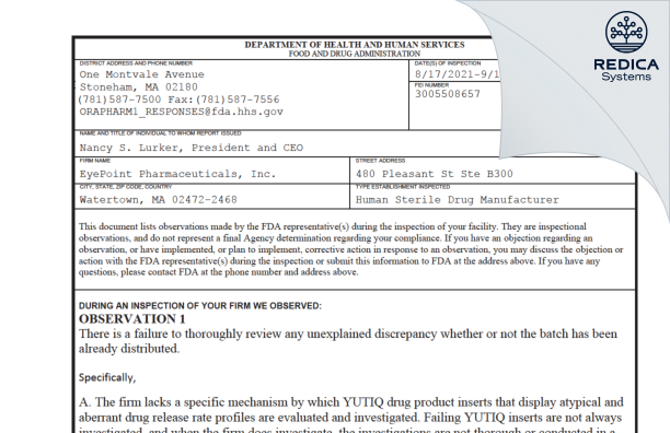 FDA 483 - EyePoint Pharmaceuticals US, Inc. [Watertown / United States of America] - Download PDF - Redica Systems