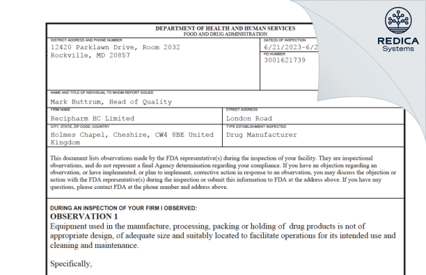 FDA 483 - Bespak HC Limited [Crewe / United Kingdom of Great Britain and Northern Ireland] - Download PDF - Redica Systems