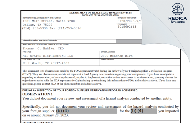 FDA 483 - MID-STATES DISTRIBUTING LLC [Fort Worth / United States of America] - Download PDF - Redica Systems