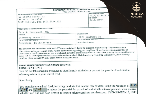 FDA 483 - Stormberg Foods LLC [Goldsboro / United States of America] - Download PDF - Redica Systems