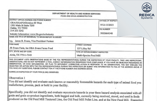 FDA 483 - J.B Evans Farms Inc [Alvin / United States of America] - Download PDF - Redica Systems