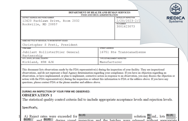 FDA 483 - Jubilant HollisterStier General Partnership [Kirkland / Canada] - Download PDF - Redica Systems