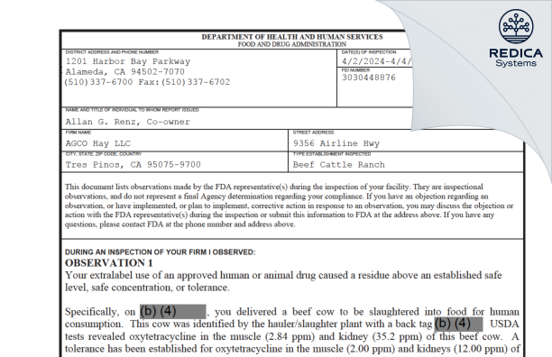 FDA 483 - AGCO Hay LLC [Tres Pinos / United States of America] - Download PDF - Redica Systems