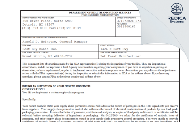 FDA 483 - Best Buy Bones Inc. [Mount Morris / United States of America] - Download PDF - Redica Systems