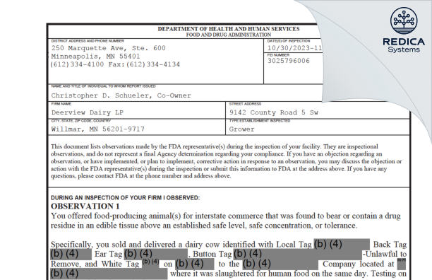 FDA 483 - Deerview Dairy LP [Willmar / United States of America] - Download PDF - Redica Systems