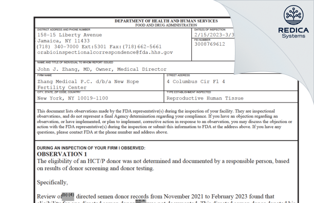 FDA 483 - Zhang Medical P.C. d/b/a New Hope Fertility Center [New York / United States of America] - Download PDF - Redica Systems