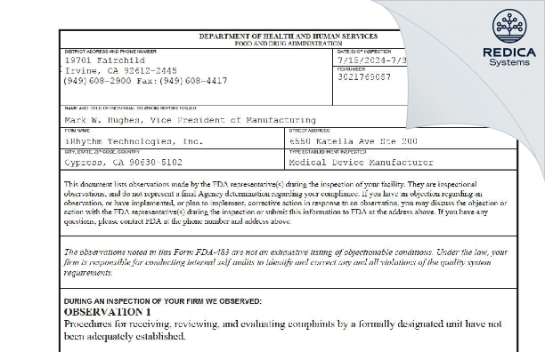 FDA 483 - iRhythm Technologies, Inc. [Cypress / United States of America] - Download PDF - Redica Systems