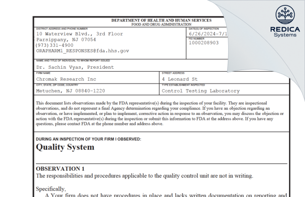 FDA 483 - Chromak Research, Inc. [Avalon / United States of America] - Download PDF - Redica Systems