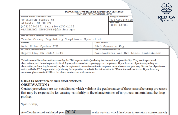 FDA 483 - Auto-Chlor System LLC [Atlanta / United States of America] - Download PDF - Redica Systems