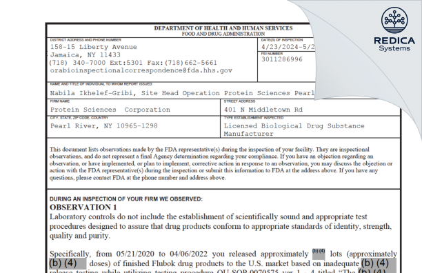 FDA 483 - Protein Sciences Corporation [Pearl River / United States of America] - Download PDF - Redica Systems