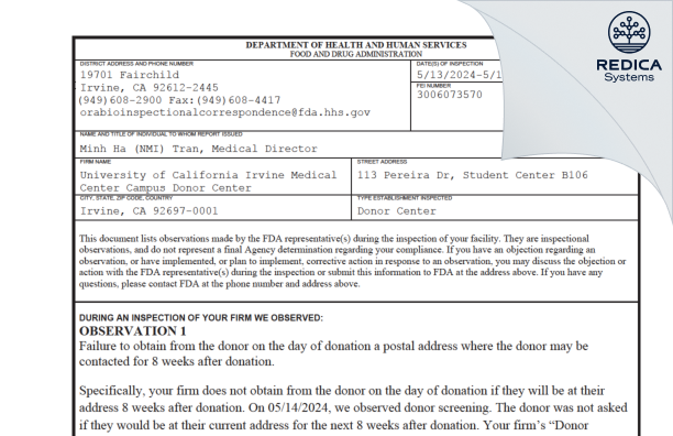 FDA 483 - University of California Irvine Medical Center Campus Donor Center [Irvine / United States of America] - Download PDF - Redica Systems