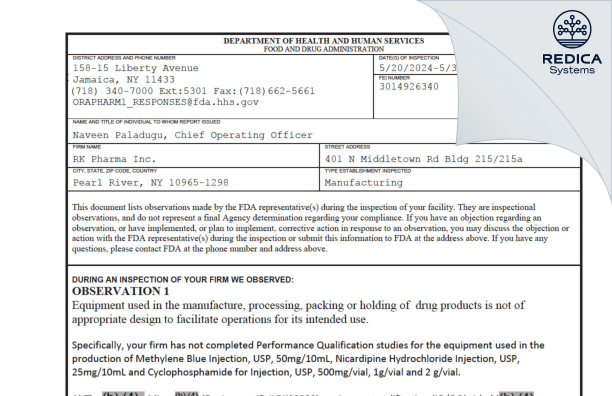 FDA 483 - RK PHARMA INC [Pearl River / United States of America] - Download PDF - Redica Systems