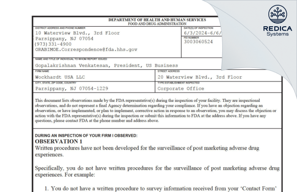 FDA 483 - Wockhardt USA LLC [Parsippany / United States of America] - Download PDF - Redica Systems