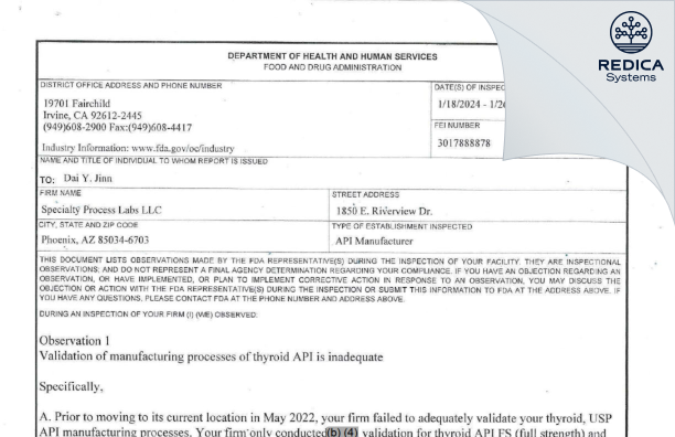 FDA 483 - Specialty Process Labs [Phoenix / United States of America] - Download PDF - Redica Systems