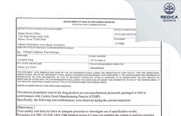 FDA 483 - Aeropres Corp [Sibley / United States of America] - Download PDF - Redica Systems