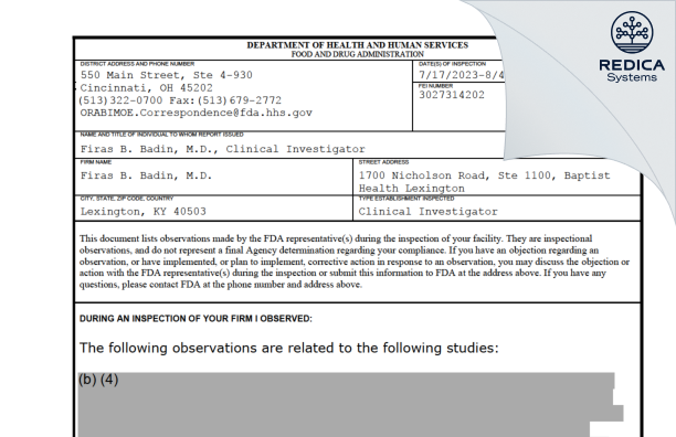 FDA 483 - Firas B. Badin, M.D. [Lexington / United States of America] - Download PDF - Redica Systems