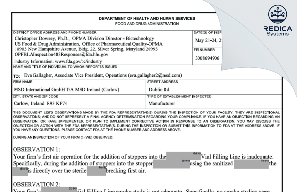 FDA 483 - MSD Ireland (Carlow) [Carlow / Ireland] - Download PDF - Redica Systems