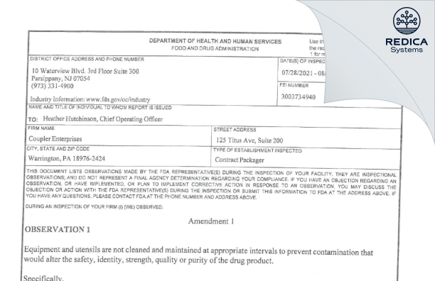 FDA 483 - Coupler LLC [West Chester / United States of America] - Download PDF - Redica Systems