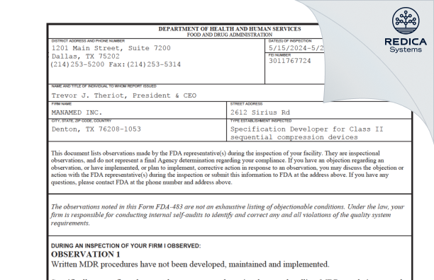 FDA 483 - MANAMED INC. [Denton / United States of America] - Download PDF - Redica Systems