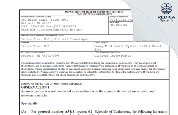 FDA 483 - Indira Brar, M.D. [Detroit / United States of America] - Download PDF - Redica Systems