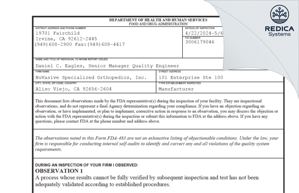 FDA 483 - NuVasive Specialized Orthopedics, Inc. [Aliso Viejo / United States of America] - Download PDF - Redica Systems