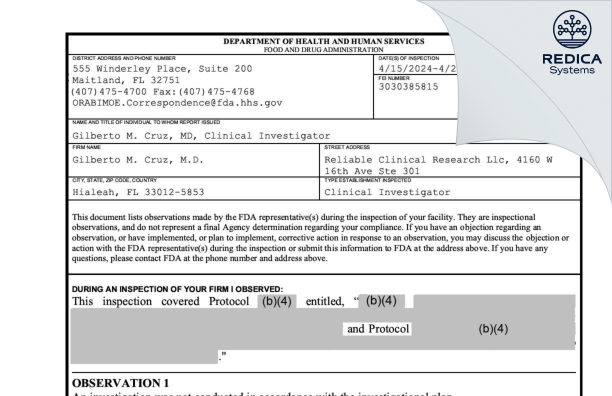 FDA 483 - Gilberto M. Cruz, M.D. [Hialeah / United States of America] - Download PDF - Redica Systems