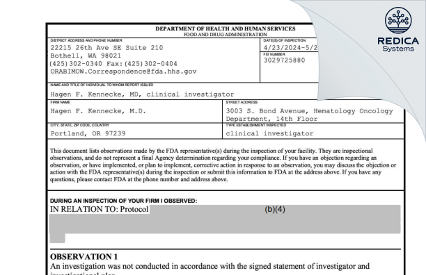 FDA 483 - Hagen F. Kennecke, M.D. [Portland / United States of America] - Download PDF - Redica Systems