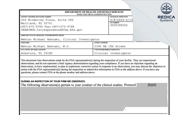 FDA 483 - Mehran Michael Bahrami, M.D. [Miami / United States of America] - Download PDF - Redica Systems