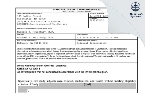 FDA 483 - Michael J. McCartney, M.D. [Methuen / United States of America] - Download PDF - Redica Systems