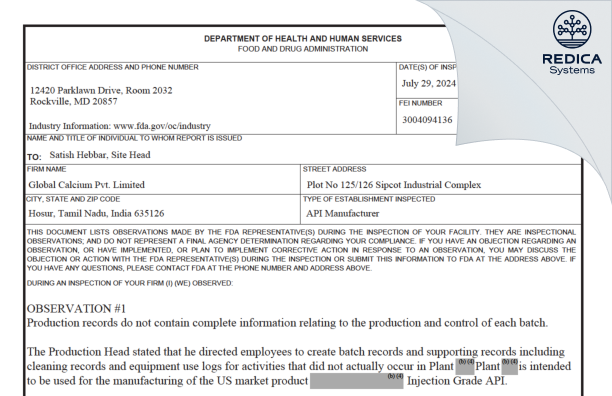 FDA 483 - Global Calcium Private Limited [Hosur / India] - Download PDF - Redica Systems