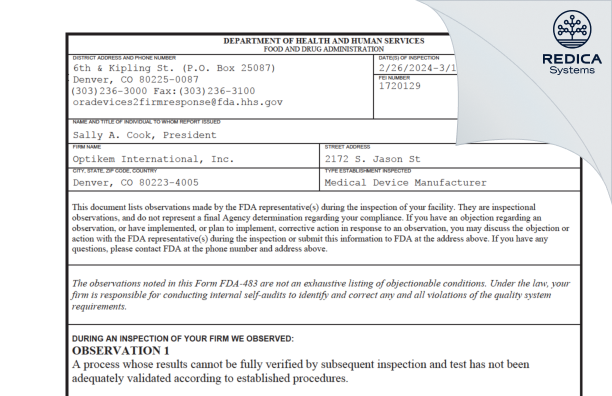 FDA 483 - Optikem International, Inc. [Denver / United States of America] - Download PDF - Redica Systems