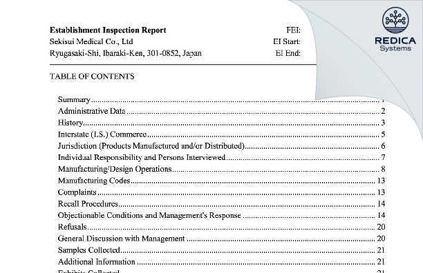 EIR - Sekisui Medical Co., Ltd [Koyodai / Japan] - Download PDF - Redica Systems