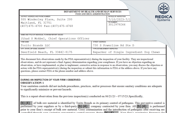 FDA 483 - Torito Brands LLC [Deerfield Beach / United States of America] - Download PDF - Redica Systems